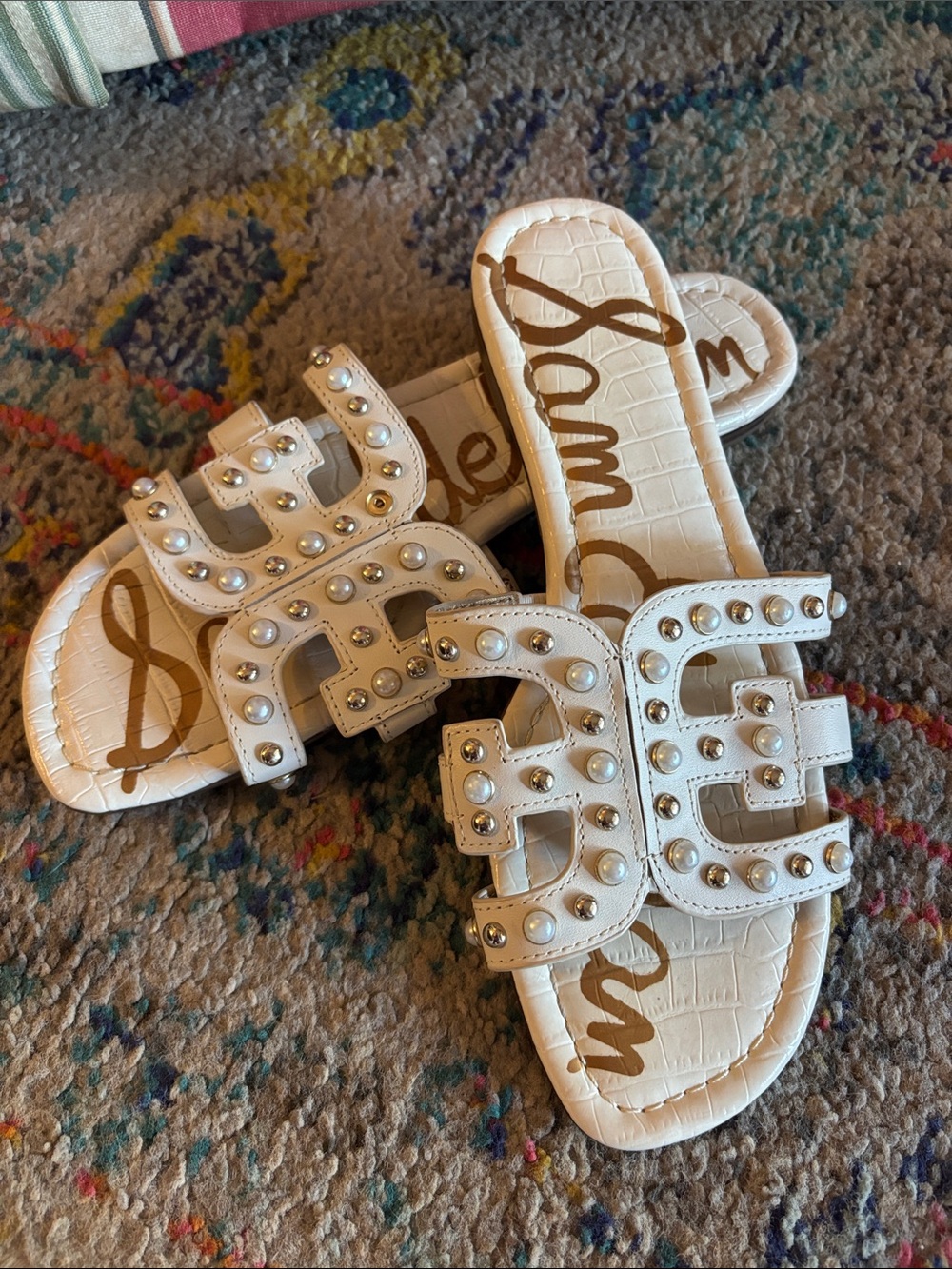 Sam Edelman White Logo-Textured Slide Sandals with Stud Accent